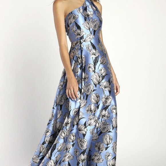 NWT Lulus Exquisite Elegance Blue Jacquard One-Shoulder Maxi Dress (Size SM) - Picture 1 of 10